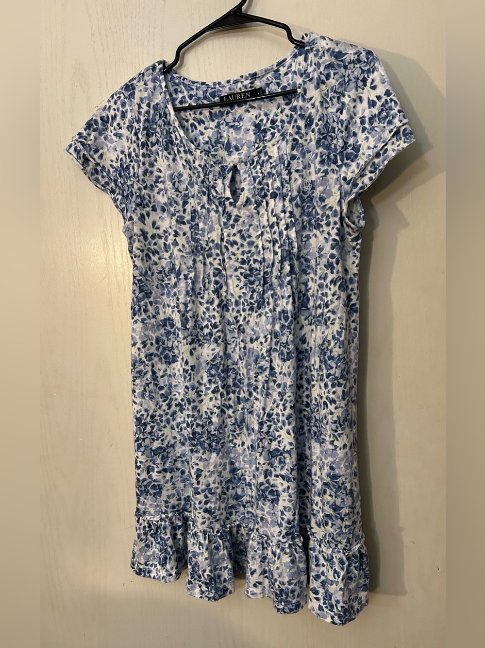 Lauren Ralph Lauren Blue Floral Nightgown Women’s M Cotton Blend Ruffle Hem